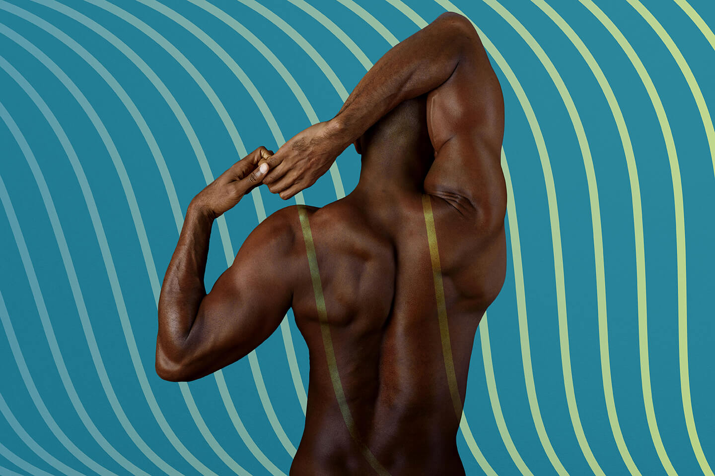 Keyvisual der Chiropraxis Kevin Holzer mit anatomischer Rückenansicht, Führungslinien und türkisfarbenem Corporate Design.
