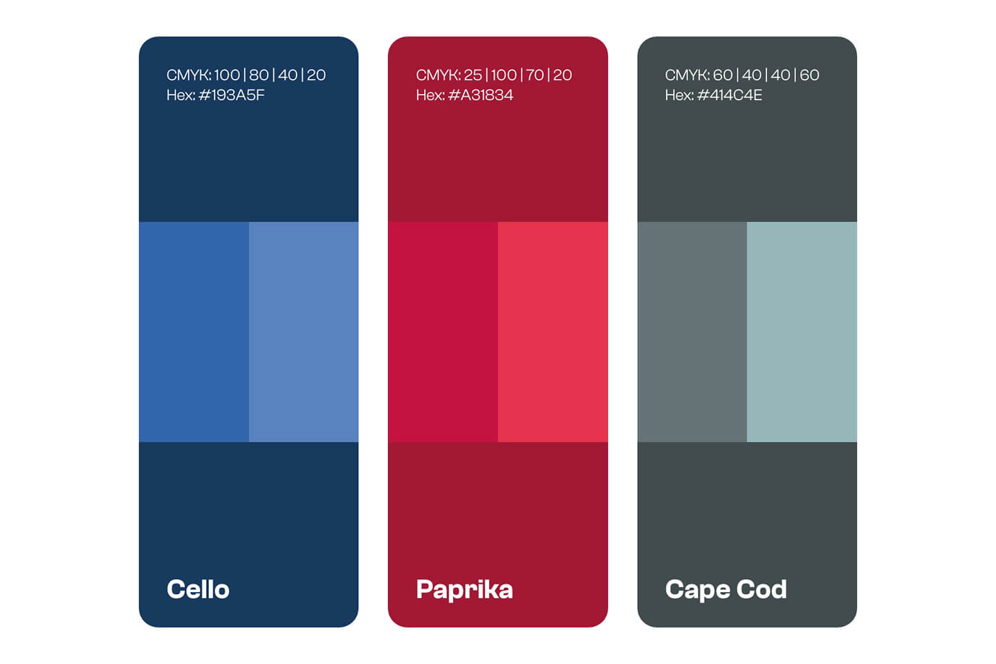 Farbpalette mit CMYK- und Hex-Werten für ein Corporate-Design-System.