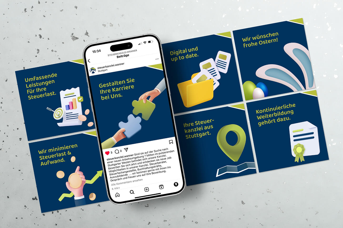 Social-Media-Designs der Steuerkanzlei Wanner auf Smartphone und Postkarten.