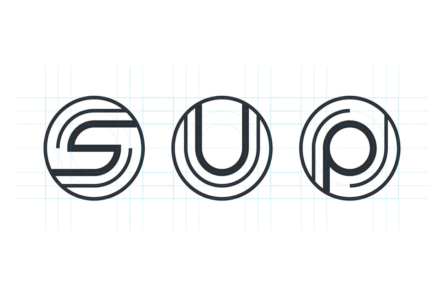 Logo-Konstruktionszeichnung mit den Buchstaben S, U und P auf Rasterlinien.